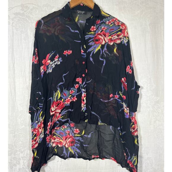 TopShop Button Up 4 Black Sheer Floral Whimsigoth Hi Lo Y2K - Picture 1 of 9